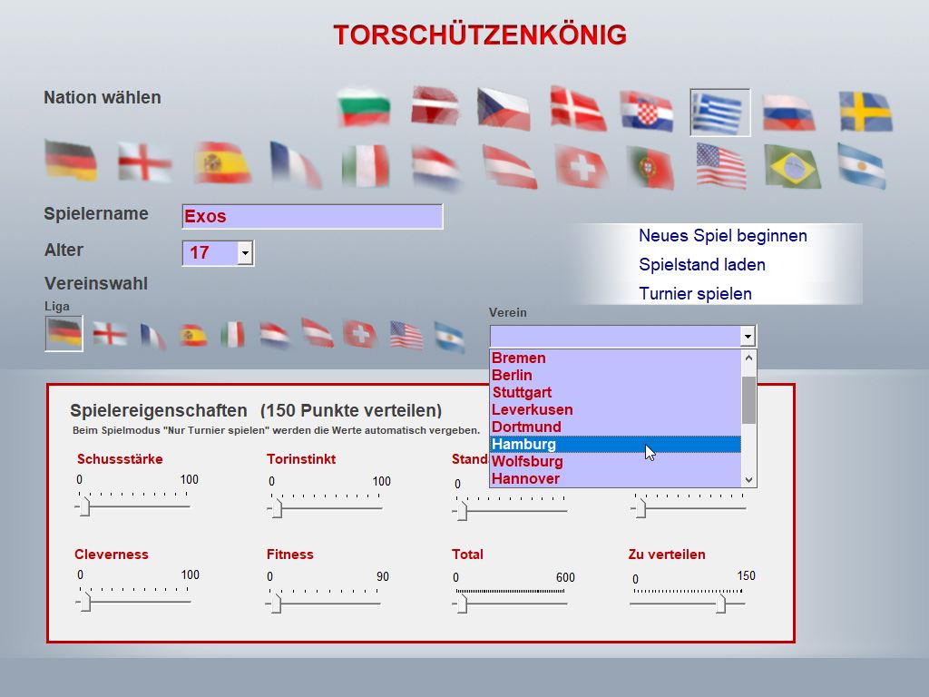 Startscreen für Torschützenkönig